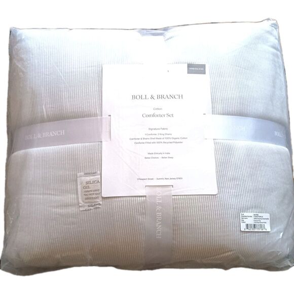 Boll Branch King Comforter Set Organic CottonCal Fine Stripe Pewter White New